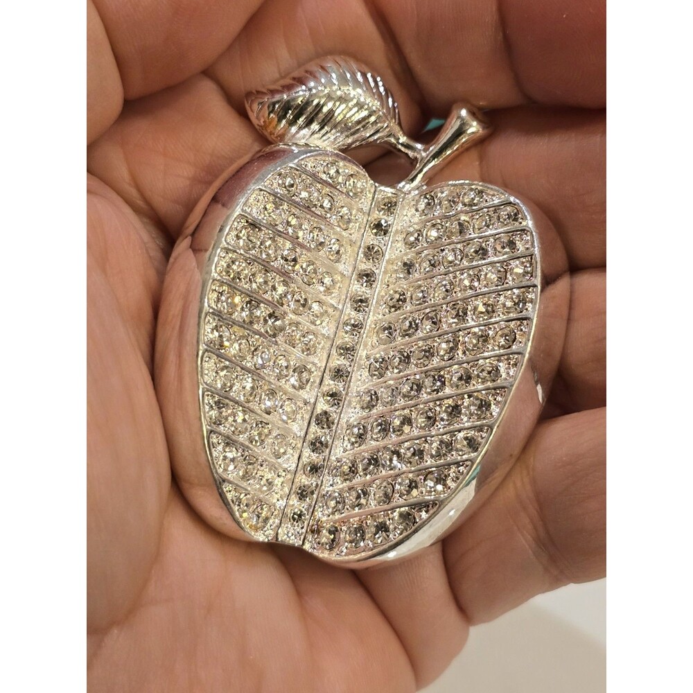 Rhinestone Apple Brooch Silver Tone Teacher Fruit Pin Sparkly Statement #1210